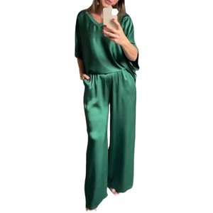 Women's <b>Green</b> <b>Silk</b> Satin V-Neck Two-Piece Set Loose Fit Casual Wide Leg Pants With Pockets Summer Wear - Product Image 1
