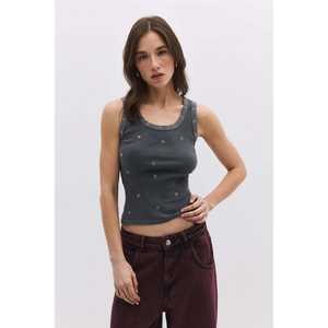 Blusa Casual de Algodón con Cuello Redondo, Manga Corta, Detalles de Ojales, Logotipo Frontal, Estilo Lavado de 220g - Product Image 1