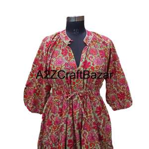 Robe mi-longue artisanale 100% coton pur, motif floral vintage, taille naturelle, écologique, respirante, confortable, pour usage quotidien - Product Image 3