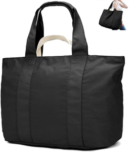 Grand sac fourre-tout noir en tissu Oxford, couleur unie, ouverture supérieure, usage quotidien, sac fourre-tout pour femmes - Product Image 1