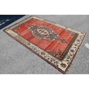 พรมวินเทจตุรกีขนาด 5.3x8.6 ฟุต พรมขนาดใหญ่ พรมขนสัตว์สีแดง - Product Image 2