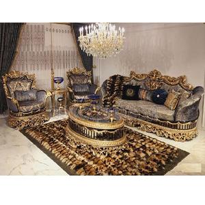 Juego de sofá de madera de teca tallada para el hogar, juego de sofá de 5 plazas de estilo turco, acabado dorado, real y dorado, para sala de estar - Product Image 1