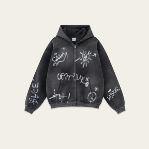 Sweat-shirt à capuche vintage brodé de style rétro, lavé, imprimé intégral, 100% coton, ample, fermeture éclair, automne - Product Image 6