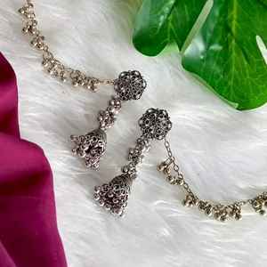 Efulgenz Indian Oxidized Chandbali <b>Jhumka</b> Jhumki Dangle Earrings Set with Ear Chain Indian Manufacture Jewelry for Women - Product Image 2