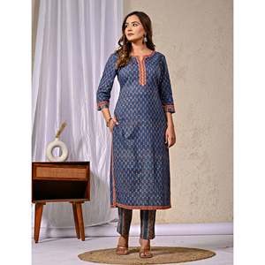 ชุดคุรตะผ้าฝ้ายพิมพ์ลายบลูบล็อค แขนสามส่วน สำหรับใส่ในชีวิตประจำวัน - Product Image 3