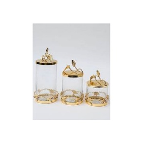 Canister <span class=keywords><strong>Set</strong></span> Lọ Vàng Phụ Kiện Nhà Bếp <span class=keywords><strong>3</strong></span> Mảnh Tinh Thể Thủy Tinh Đứng Chất Lượng Cao Vàng Kim Loại Trà Đường Muối Lưu Trữ Container - Product Image 2