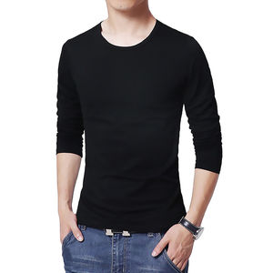 Camiseta de Manga Larga para Hombre, 100% Algodón, Cuello Redondo, Informal, Antiarrugas, Cómoda, Color Sólido - Product Image 1