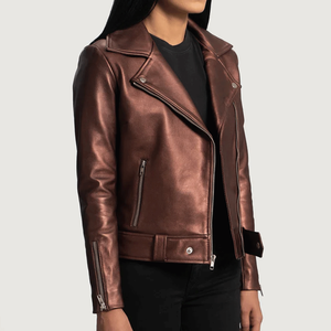 Chaqueta de piel de oveja auténtica estilo motorista Rumy Maroon para mujer, chaqueta de moto semialineada a prueba de viento, nombre del equipo personalizado - Product Image 2