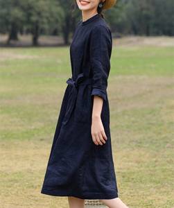 Women's Custom Linen Summer <b>Midi</b> <b>Dress</b> with Belt Long Sleeves Pockets Handmade <b>T</b>-<b>Shirt</b>-Woven Weaving Method - Product Image 1
