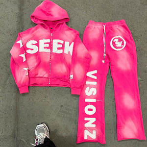 Pantalon de survêtement évasé en coton deux pièces personnalisé ensemble de sweat à capuche surdimensionné à l'acide lavage rue survêtement imprimé brodé Applique Patch - Product Image 2