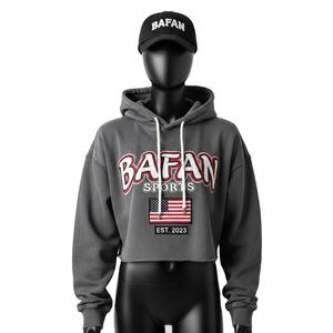 High Quality 320 GSM <b>Soft</b> Fleece <b>Women</b> Crop <b>Hoodie</b> in Dark Grey with Embroidery Custom Logo and Stylish Raw Edge Crop Fit - Product Image 1