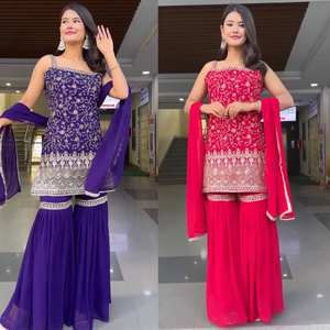 Full Stich Foux Georgette <b>Kurti</b> with Sharara Suit for Festival and Party Wear Pakistani Sharara <b>Top</b> for Worldwide Export - Product Image 4