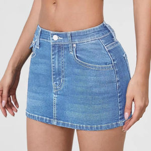 Femmes taille haute décontracté Denim Jean jupe courte délavé léger Type droit ourlet brut poche Y2K dame robe pour l'automne/été - Product Image 4