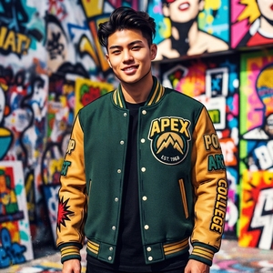 Chaqueta Letterman Personalizada de Lana Verde Oscuro con Mangas de Cuero Color Bronceado, Parche Bordado, Estilo Universitario, Ropa de Calle - Product Image 1