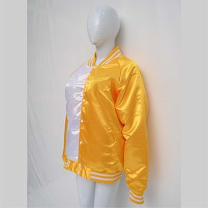 Veste universitaire en satin bicolore jaune et blanc, style bomber unisexe, boutons-pression brillants, style baseball - Product Image 4