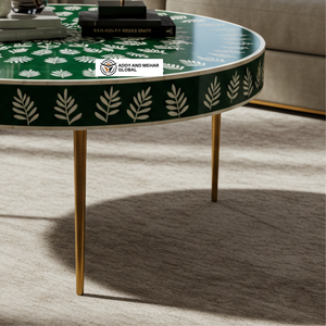 ผู้ผลิตชาวอินเดียที่เป็นมิตรกับสิ่งแวดล้อมยุคใหม่ นำเสนอโต๊ะกาแฟทรงกลมลายดอกไม้ฝังกระดูกสีเขียว พร้อมฐานโลหะสีทอง - Product Image 4