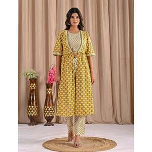 Conjunto de Dos Piezas de Algodón Estampado Amarillo, Top de Manga Corta con Cordones, Talla XS, Trajes de Oficina para la Temporada de Verano - Product Image 3