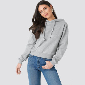 Sweat à capuche court gris chiné pour femmes 100% coton surdimensionné Streetwear pull décontracté goutte épaule recadrée sweats à capuche pour femmes - Product Image 1