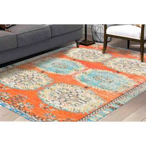Tapis turc floral : Décoration vintage orange et bleue, tapis en chenille - Product Image 3
