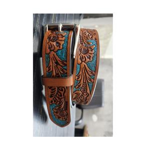 เข็มขัดหนังม้าสีน้ำตาลเทอร์ควอยซ์ลายดอกไม้สำหรับทุกเพศเข็มขัดลูกปัดหัวเข็มขัดแฟนซีออกแบบได้ตามต้องการ - Product Image 2