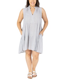 Robe trapèze rayée en lin grande taille avec tissu respirant, silhouette flatteuse, design sans manches, style vintage, prête pour l'été - Product Image 1