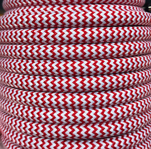 Bobina da 15 metri di cavo tessile decorativo, bianco/rosso Zig Zag opaco (R62CM24/01) - Product Image 1