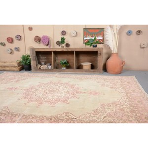 พรมตุรกีโบราณทรงสี่เหลี่ยมผืนผ้าขนาดใหญ่6.9 x 10.6ft คลาสสิกสีชมพูเบจสไตล์แอบสต่อผ้าขนแกะสำหรับตกแต่งห้องโถงห้อง - Product Image 2