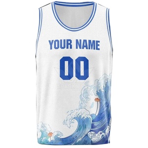 Maillot de basket-ball personnalisé sublimé, blanc, bleu, imprimé vague, débardeur en maille respirante, unisexe, adulte, coupe régulière - Product Image 1