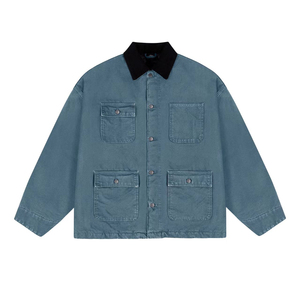 Veste en jean ample pour homme avec col en cuir de qualité, style décontracté, technique délavée pour la saison d'automne, logo personnalisé - Product Image 1