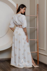 Soirées d'été sophistiquées élégante robe longue bohème blanche imprimé feuille d'or cravate taille détail Vintage cordon ensemble une pièce - Product Image 6