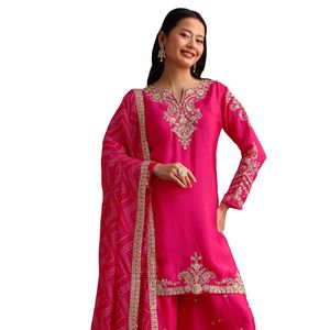 Rosa Zari lavoro Palazzo Set con Organza Dupatta all'ingrosso donna abbigliamento etnico OEM fornitore di abbigliamento personalizzato per feste - Product Image 4