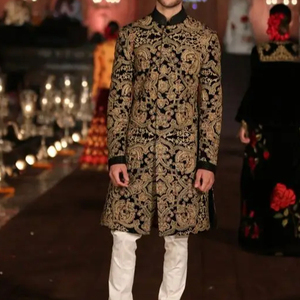 NEW--STYLISH DESIGN of ZARI & RESHAM EMBROIDERY WORK on BLACK SHERWANI WITH WHITE <b>PANT</b> DRESS for PARTY-WEAR/WEDDING @ 2024 - Product Image 1