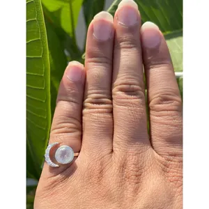 925 <b>Silver</b> Crescent Moon <b>Statement</b> <b>Ring</b> Boho Style Gemstone Men's <b>Ring</b> Rhodium Plated with Cut Stone Inlay Everyday Wear Jewelry - Product Image 6