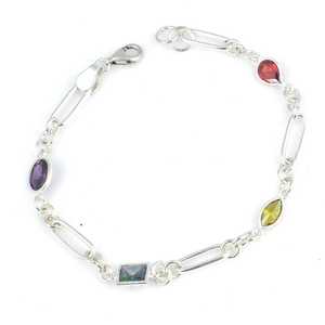 925 Sterling <b>Silver</b> Colored Stone Paperclip Chain <b>Bracelet</b> Elegant Fine <b>Bangle</b> - Product Image 2