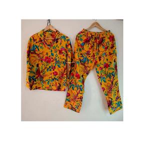 Ensemble de pyjama indien fait à la main en coton pour femmes robe de nuit imprimée oiseau floral vêtements de nuit bleus caractéristiques sexy d'été - Product Image 4