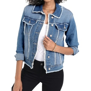 2022 chaqueta vaquera informal rasgada desgastada de gran tamaño de alta calidad para mujer tela de lona servicio OEM precio al por mayor - Product Image 1