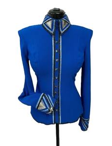 Chemise de spectacle western Cowgirl faite à la main en bleu sur tissu taffetas extensible pour vêtements équestres - Product Image 1