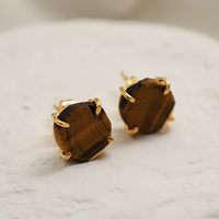 8-10mm brut oeil de tigre pierre plaqué or ensemble de broches boucles d'oreilles à la main pierre de naissance délicate minimaliste bijoux pour femmes