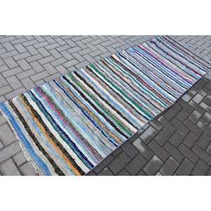 Alfombra de 3.2x9.4 pies, Alfombra Turca Vintage, Alfombra de Lana a Rayas Azul Verde - Product Image 2