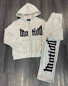 OEM Men's Winter Fashion Acid Wash Print Zip-Up Embroidered Breathable 100% Cotton Fleece Hoodie Sweatpants Set Distressed Patch - Product Image 1