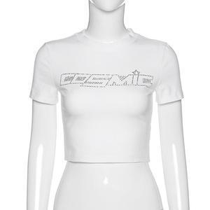 Custom Bling Cropped Knitted Casual Polyester/Cotton T-Shirts with Rhinestone Front Logo Hip-Hop Style Low MOQ - Product Image 5