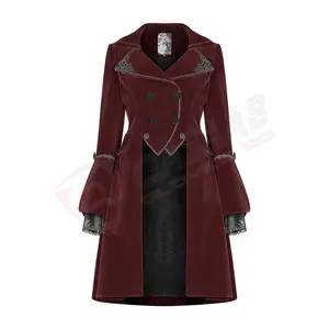 Maroon-Colors Steampunk-여성 고딕 통기성 미드 롱 벨벳-두꺼운 코트 레트로 팰리스 파티-무대 공연-테일 코트 재킷