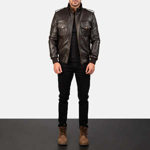 Veste aviateur authentique en cuir marron en peau de mouton, col montant, réversible, zippée, brodée, taille XS, style streetwear - Product Image 3