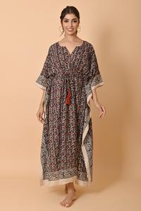 Último Modelo de Vestido Kaftan de Algodón, Modesto, Largo, Maxi, Estampado a Mano, Traje de Playa de Verano para Mujer, Precio al por Mayor - Product Image 6