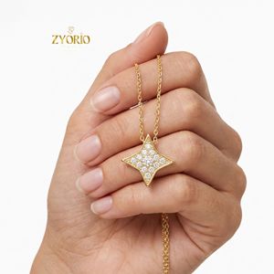 Trendy Engagement Quadrilateral Star Pendant 18K Solid Gold Real Natural Diamond <b>Thin</b> Chain Necklace Party Gift Women - Product Image 1