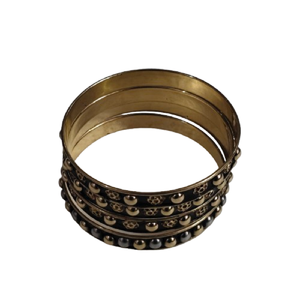 Exquisite Set of 4 Black Enamel <b>Gold</b>-Plated Bangles with Embossed Floral Studs and Metallic Bead Accents For Wedding & Party - Product Image 5