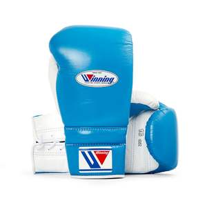 Fabrication sur mesure de gants de boxe en cuir de vachette bleu et blanc à lacets, gants de boxe de compétition personnalisés pour adultes - Product Image 1