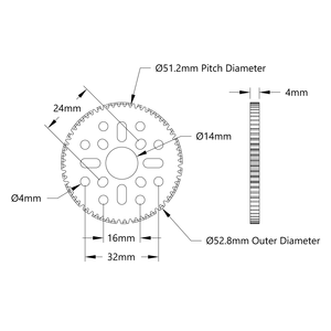 Engranaje de Aluminio de 64 Dientes para Montaje en Cubo (MOD 0.8, 4 mm de Grosor, 14 mm de Diámetro Interior) para Robots STEM, REV, WCP, FTC, FRC - Product Image 2