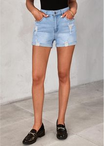 Pantalones cortos de mezclilla desgastados de cintura alta para mujer, pantalones vaqueros rasgados transpirables con cierre de cremallera con botones, puños cosidos, dobladillo enrollado para invierno - Product Image 4