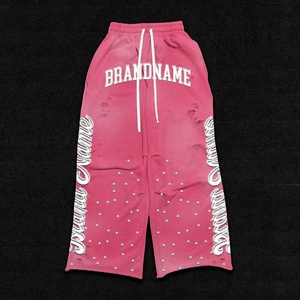 Custom Distressed <b>Embroidery</b> Zip up Rhinestone Graphic Hoodie Sweatpants Acid Wash Mens Hoodies Sweatshirt <b>Sets</b> Tracksuit - Product Image 3